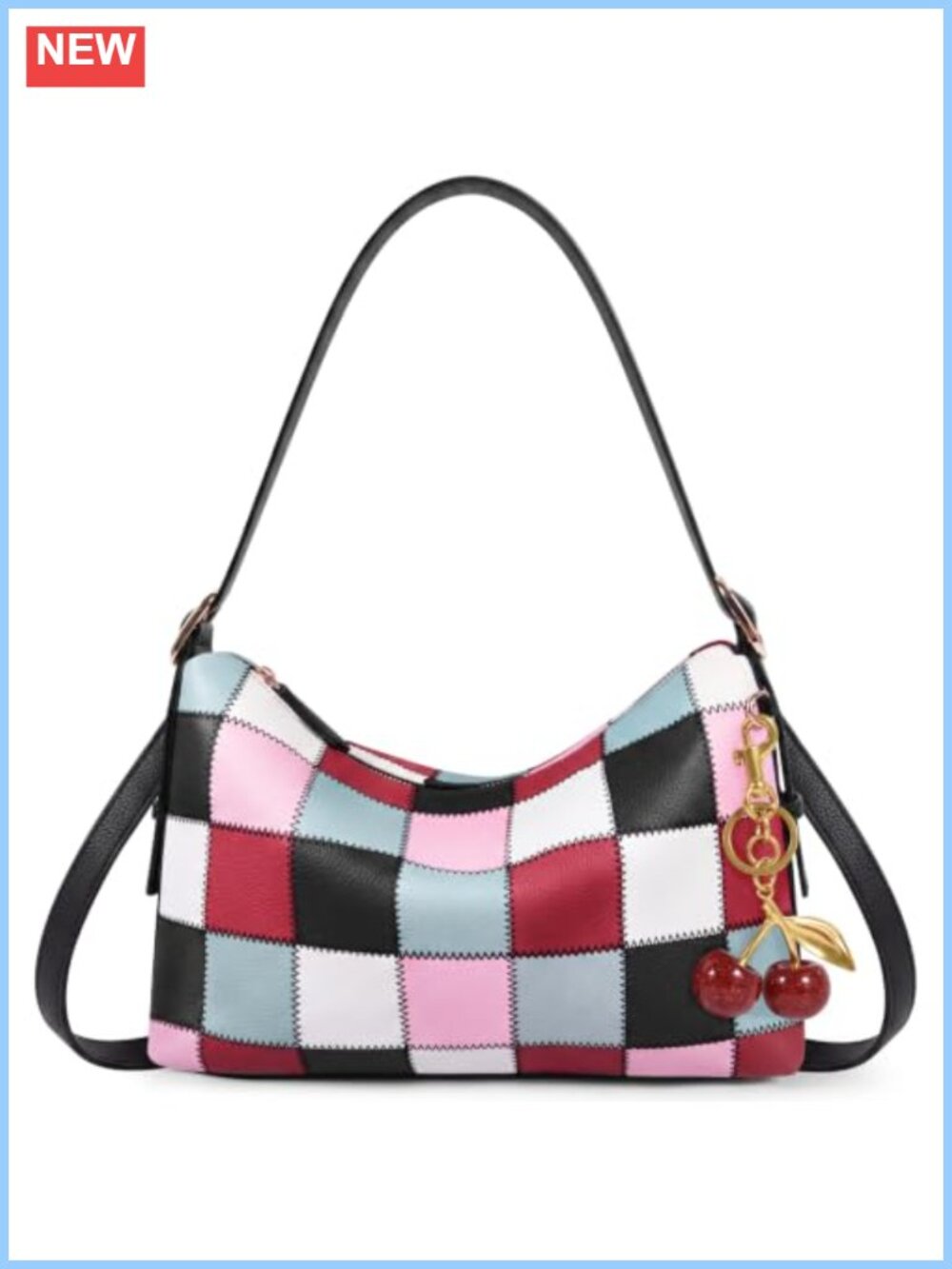Checkered Shoulder Bag PU Leather Hobo Cherry Purse